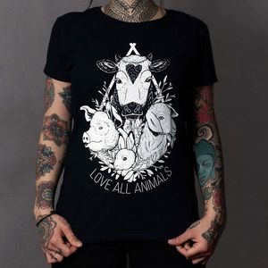 Vegan Menima Love All Animals Black T-Shirt XS
